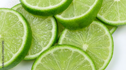 Lime slices beautifully arranged on a clean, white background. Perfect for summer themed designs, food blog posts, or refreshing beverage advertisements.