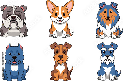 Cartoon Dog Icon Set Featuring Various Breeds Including Bulldog, Corgi, Collie, Pitbull, Terrier, and Schnauzer