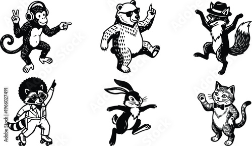 Vintage black and white line art monkey bear fox raccoon rabbit and cat characters dancing and waving