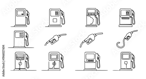 Continuous line drawing fuel pump icon set black and white gas station vector illustration