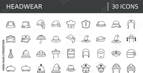 Headwear icon set with hats helmets caps and fashion accessories symbols in outline style for clothing design