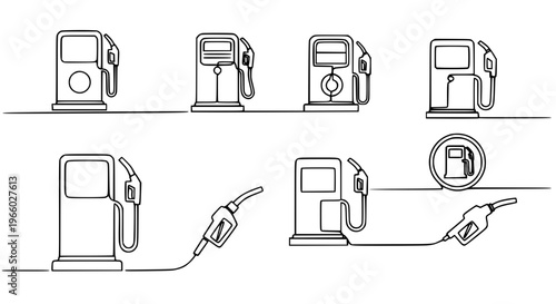 Minimalist continuous line fuel pump icon pack black white petrol station vector illustration