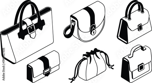 Black and white line art six handbag icons showing buckled tote drawstring pouch and satchel