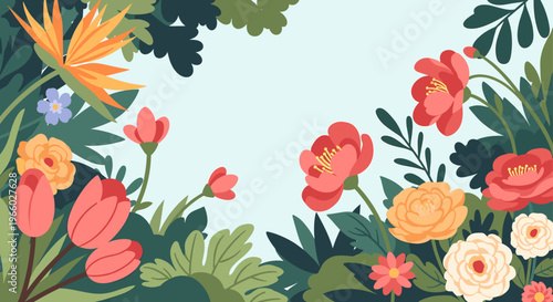 A vibrant, digitally-illustrated arrangement of tulips creates a cheerful and inviting atmosphere. Perfect for spring-themed marketing, website backgr