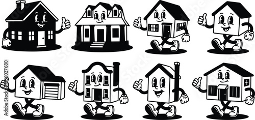 Retro black and white walking house mascots with thumbs up eight variations