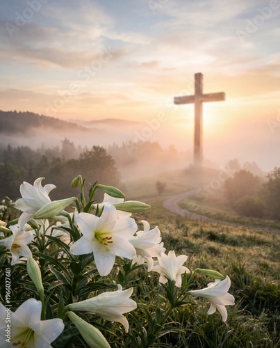 White lilies bloom in the foreground as a wooden cross rises on a misty hill at sunrise, creating a peaceful Easter scene of faith, resurrection, hope, devotion, and spiritual reflection.