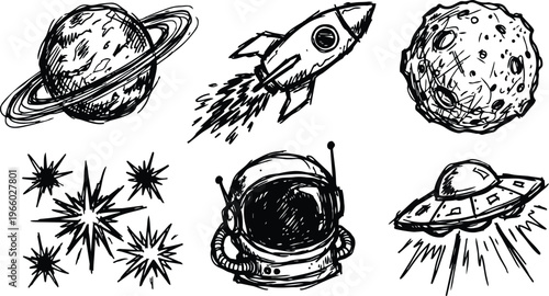 Hand drawn black and white space icons ringed planet rocket asteroid astronaut helmet and ufo