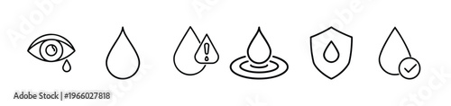 Water drop and eye care outline icon set featuring crying eye with tear, ripple droplet, water warning alert, protective shield, and quality check vector illustration on editable stroke