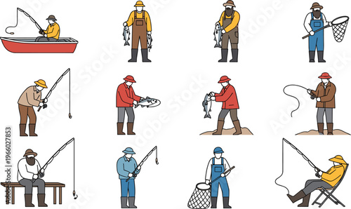 Collection of fisherman characters engaged in fishing activities including boat angling landing catch with nets and rods.