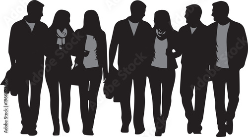 Group of friends walking together silhouette vector, diverse people social gathering, casual men and women strolling in a row, community and friendship concept