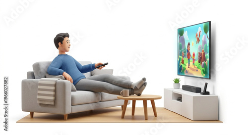 ​3D Character Man Relaxing on Sofa Watching Television on Isolated White Background