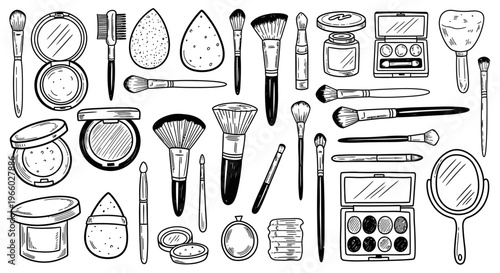 Hand drawn doodle style makeup and beauty icons with brushes, compacts, lipstick, and a mirror on an isolated white background.