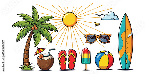 Summer beach holiday scene with palm tree sun surfboard sunglasses flip flops coconut cocktail popsicle and beach ball isolated on white background detailed vector illustration for travel banners
