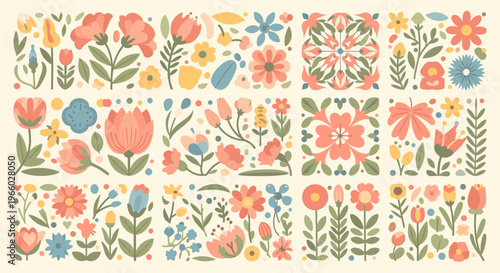 A cheerful and vibrant floral pattern evokes feelings of growth and renewal. Perfect for backgrounds, stationery, website design, or uplifting marketi