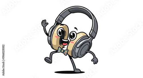 Cartoon headphone character dancing happily.