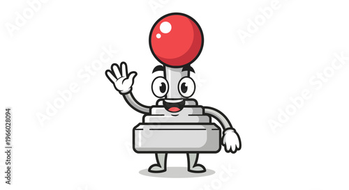 Cartoon Button Character Waving Hand.