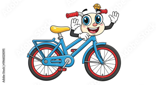 Cartoon character riding blue bicycle.