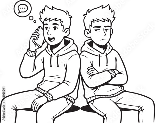 Two young boys teenagers sitting together one talking on phone line drawing friendship communication lifestyle scene