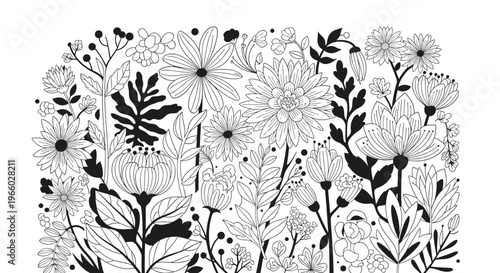 A delicate black and white floral arrangement evokes a sense of natural beauty. Perfect for backgrounds, textiles, stationery, or enhancing creative p