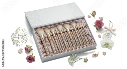 Makeup Brushes in a Box with Flowers and Floral Decor