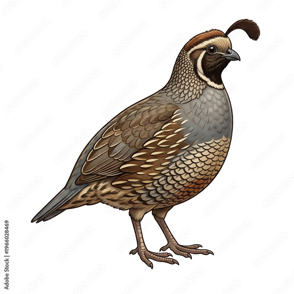 Fototapeta premium Detailed California quail illustration with a distinctive head plume and scaled feather patterns isolated on a white background