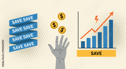 Saving money concept illustration with coins, hand, growth chart and save text, financial planning investment and budget management vector design