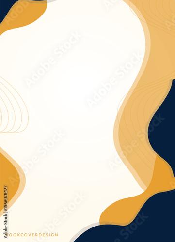 Minimalist abstract book cover design, with flowing organic shapes and wavy lines in cream gold and navy blue tones suitable for backgrounds
