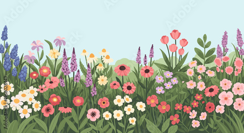 A cheerful illustration of white daisies and colorful wildflowers evokes a sense of freshness and natural beauty, ideal for springtime themes, botanic