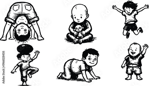 Six children in playful poses crawling jumping balancing ball sitting waving in black and white line art vector
