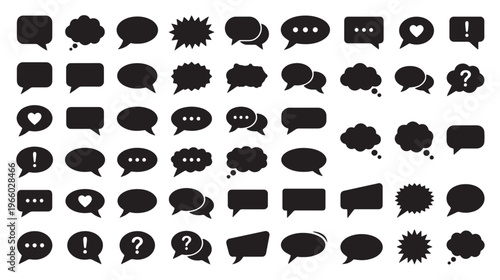 Speech bubble icons, chat symbols, dialogue boxes, comment signs, black vector set