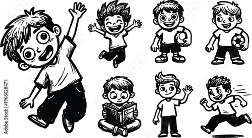 Playful black and white kids characters set showing jumping reading waving running