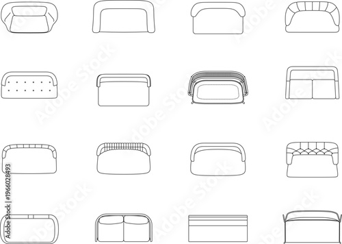Settees top view, sofa, furniture, living room, lounge, seating, seat plan, floor plan, editable stroke, vector