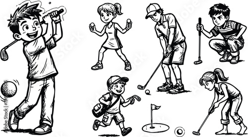 Children playing golf various poses line art black and white vector illustration