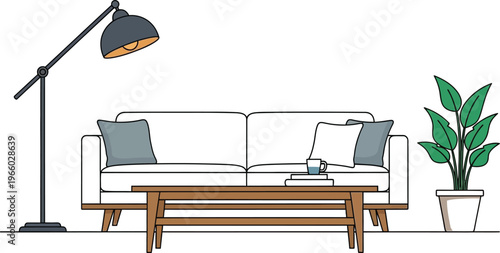 Cozy corner featuring modern furniture and a stylish floor lamp Vector
