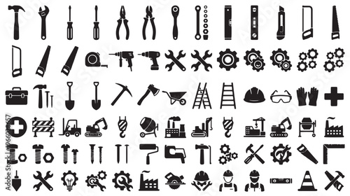 40 Industrial Icons, Construction Tools, Black Vector Symbols, Engineering Signs, Mechanics Logos