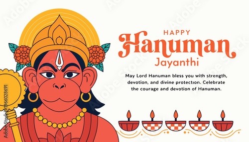 Happy hanuman jayanthi festival celebration banner with illustrative deity portrait and traditional indian oil lamps