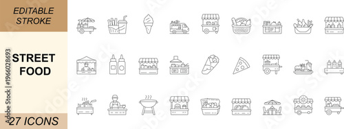 Street food line icon set. Featuring snack, vendor, cart and fast meal symbols in minimal vector style for web, mobile apps, menu design and delivery projects. Editable.
