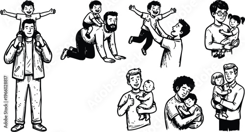 Line art father carrying child on shoulders and playful piggyback scenes in black and white