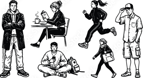 Black and white line art six people in varied poses reader runner phone user