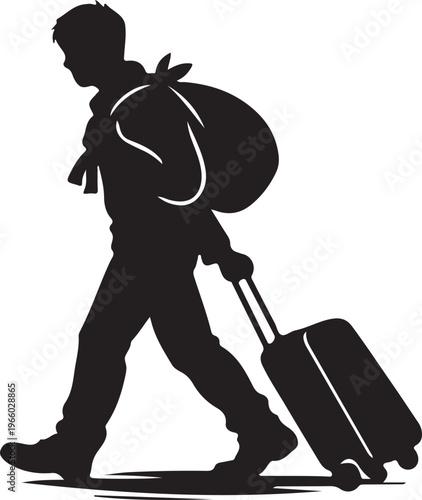 Refugee with luggage silhouette art migration journey displacement emotional human story concept illustration