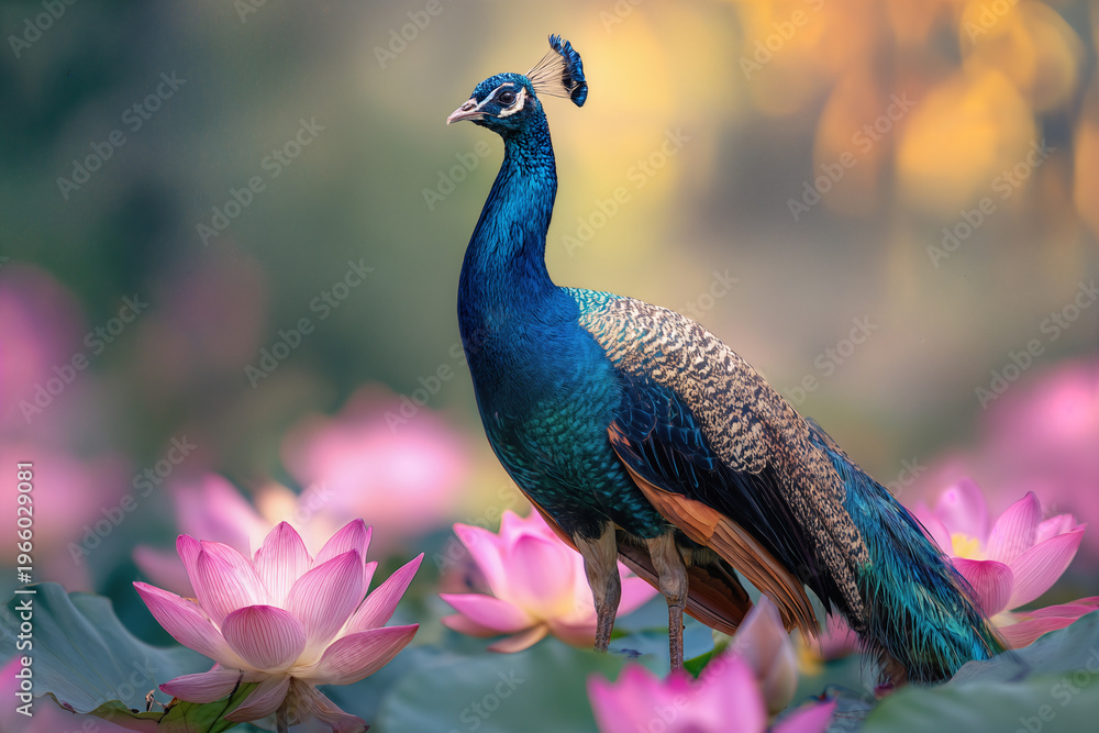 Obraz premium Invitation Wedding Elegant Peacock Among Pink Lotus Flowers in Serene Nature