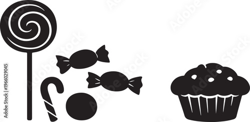 Sweet candy and muffin silhouette drawing dessert bakery treats food illustration playful design concept