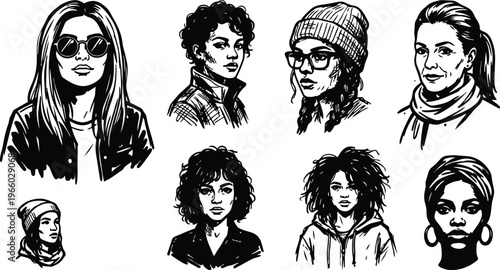 Black and white line art diverse female portraits with sunglasses beanie scarf and hoop earrings