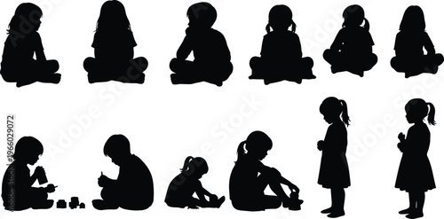 Children silhouette collection showing kids sitting, playing, and interacting with toys, childhood activity scenes and early development poses isolated on white background