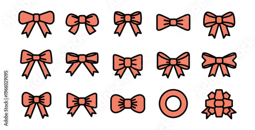 Collection of fifteen decorative coral pink bows of various styles and sizes, plus a circle ring and a gift bow, perfect for celebrations, crafts, and design accents on white background.