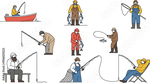 Fishermen character set with fishing rods nets boat and fish for hobby and professional commercial industry concepts isolated on white background vector illustration