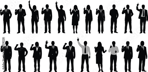 Business people silhouette collection showing professionals in different gestures, communication poses, corporate workers standing and interacting, isolated human figures set on white background