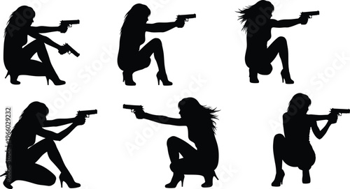 Female action silhouette collection featuring women holding handguns in dynamic poses, tactical stances and dramatic movement isolated on white background for crime and thriller concepts