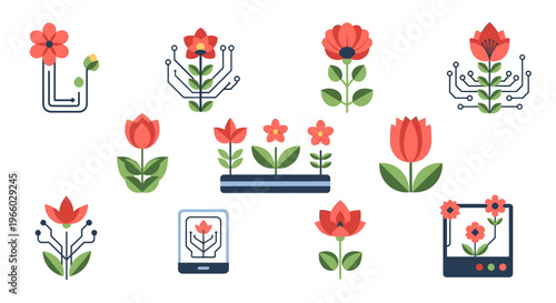 This graphic illustrates the fusion of technology and organic life, evoking themes of innovation and growth. Ideal for concepts related to bioengineer