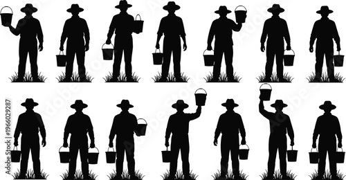 Silhouette farmers carrying buckets collection, agricultural workers set in different poses, rural lifestyle concept, manual labor illustration isolated on white background